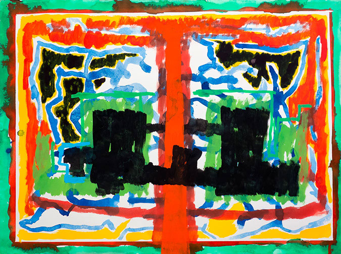 Gouache and watercolor painting on paper that uses contrasting patterns and vivid colors to make a symmetrical image that invokes the A&M logo. 