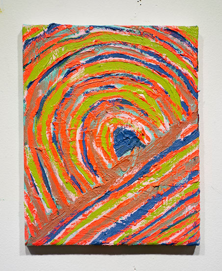 A central kernel with radiating concentric red green blue circles remind one of Amsterdam in this small painting. 