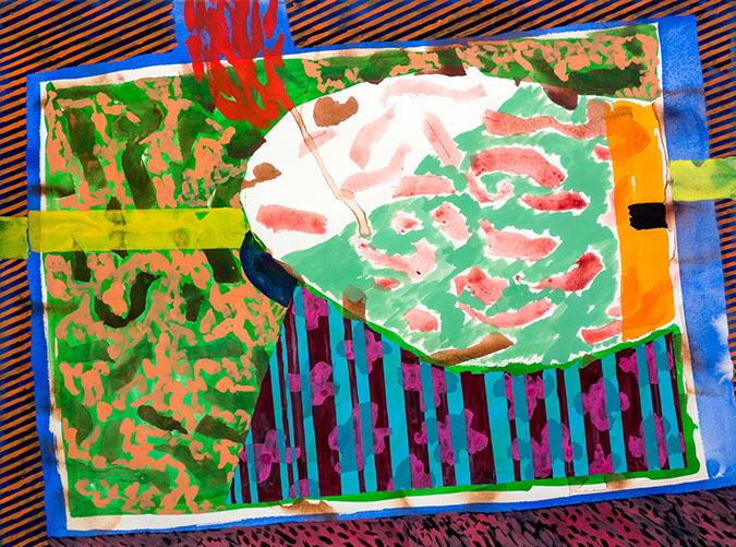 Gouache and watercolor painting on paper that uses contrasting patterns and vivid colors to make semi-abstract landscapes. 