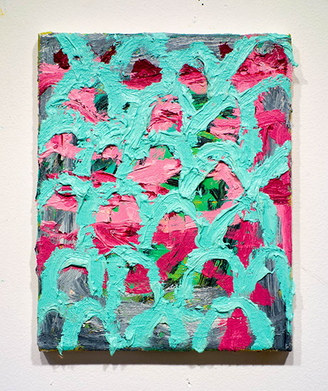 Stacked arches dominate this painting, obscuring a chaotic field of pink chaos beneath everything. 