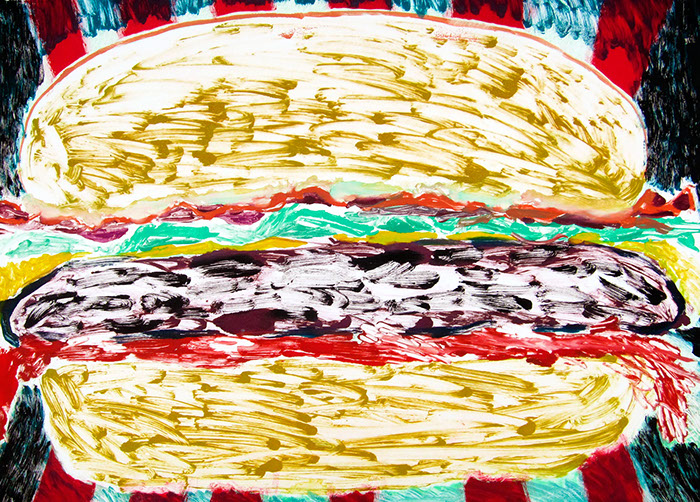 Multi run monoprint on paper that uses saturated yet washy colors show a giant hamburger that is moving out at the viewer at speed. 