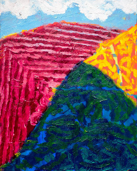 A painting with big pattern hills in primary colors and white fluffy clouds overhead.