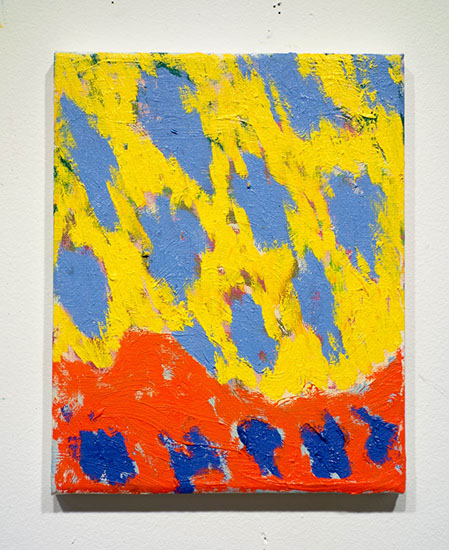 Big Texas skies dominate this strongly colored painting in reds, blues, and yellow for the sky.