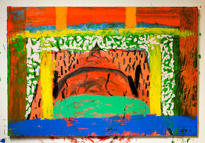 A painting of fields within fields, riddled with small buttercup flowers bleeding into the planes.