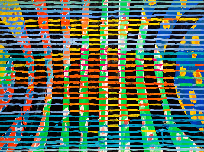 Gouache and watercolor painting on paper that uses contrasting patterns and vivid colors to make a vibrating field. 
