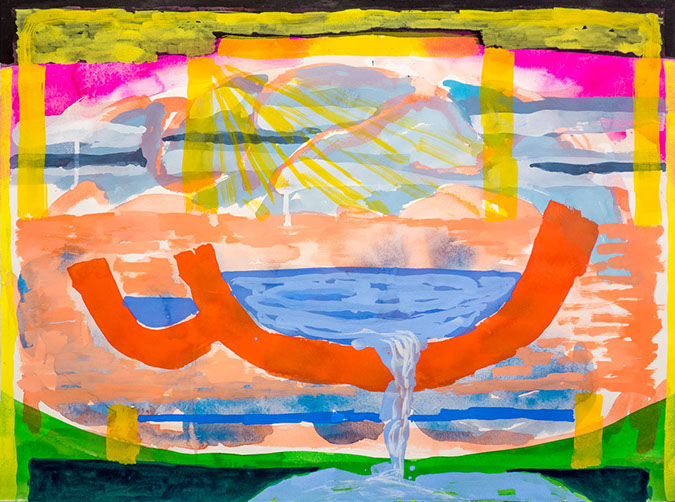 Gouache and watercolor painting on paper that uses contrasting patterns and vivid colors to make a smiling red vessel full of water.