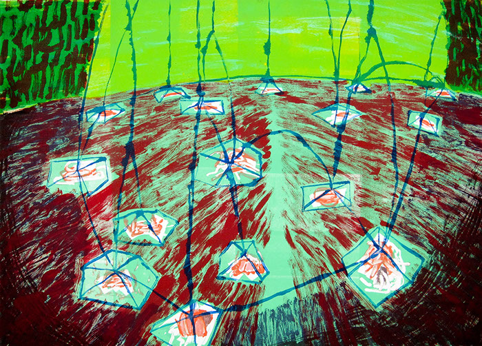 Multi run monoprint on paper that uses saturated yet washy colors to show little pieces of turkey protected by a force field.