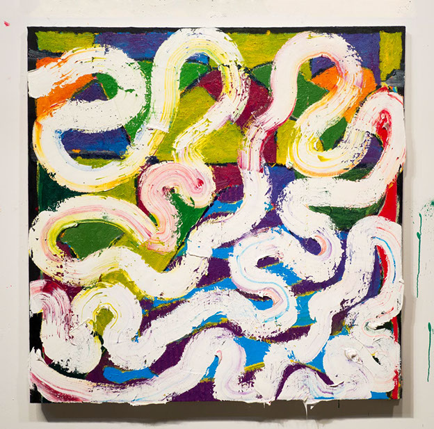 Abstract expressionist painting of a writhing dog spirit as it gets hit by a car.