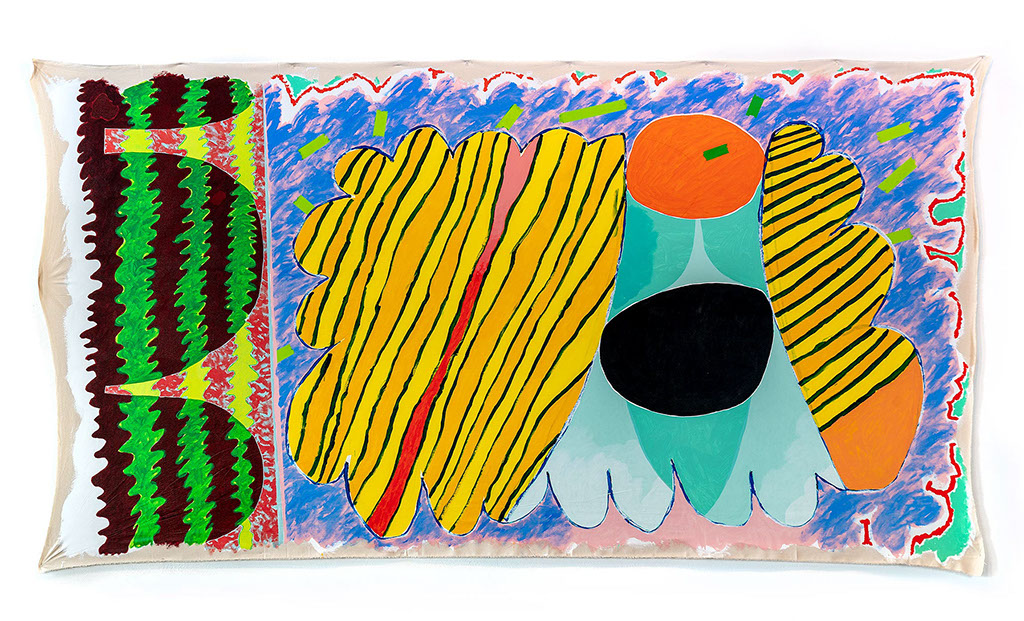 Abstract painting with striped yellow ridged blob in the center squeezing a black circle and an orange circle 