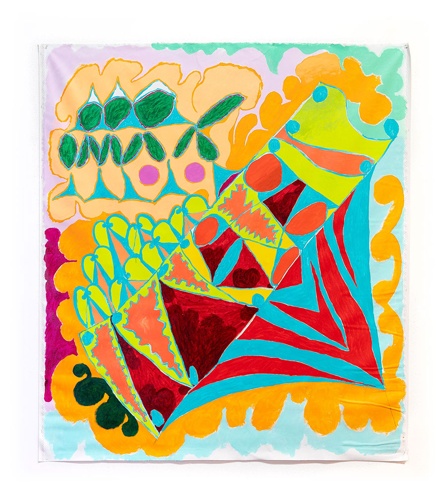 Acrylic painting with diagonal rectangle divided into colorful ridged triangles and circles surround by colorful spires, triangles, and clouds