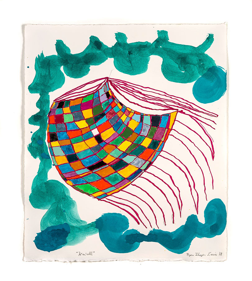 watercolor on paper showing a colorful swooping grid with magenta tendrils flowing off of it surrounded by green cloudy border