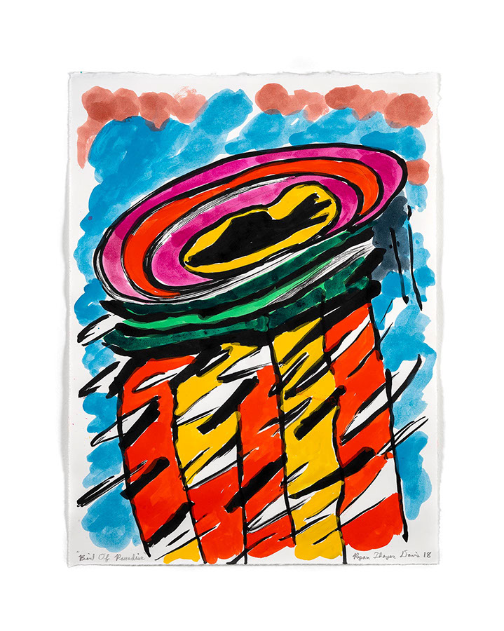 A watercolor painting of a black bird with no wings hurtling towards the earth breaking the sound barrier with red and yellow stripes below it