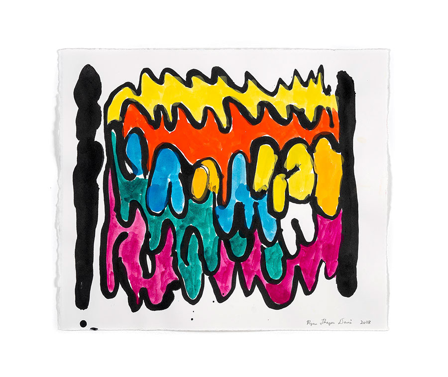 watercolor of two black lines making a container for squigly interior with yellow and red and curelean and magenta squiggle sections