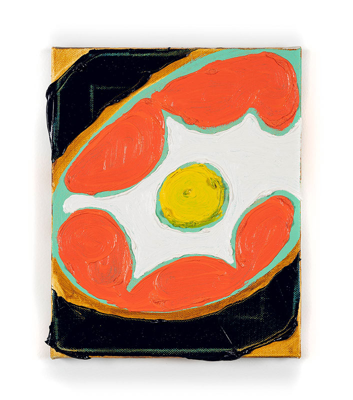 small oil painting with central yellow dot surround by curly white star shape enveloped by coral organic lumps inside teal ellipse