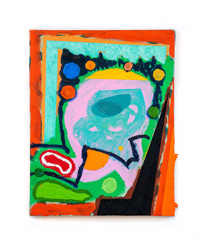 small oil painting with central aqua scribble and smaller blue lakes inside surrounded by a pink face shape with red nose