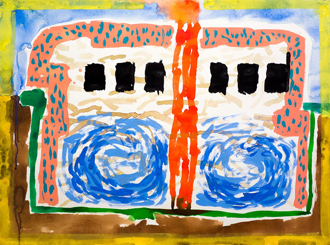 Gouache and watercolor painting on paper that uses contrasting patterns and vivid colors to make a bus that is stuck in the earth. 