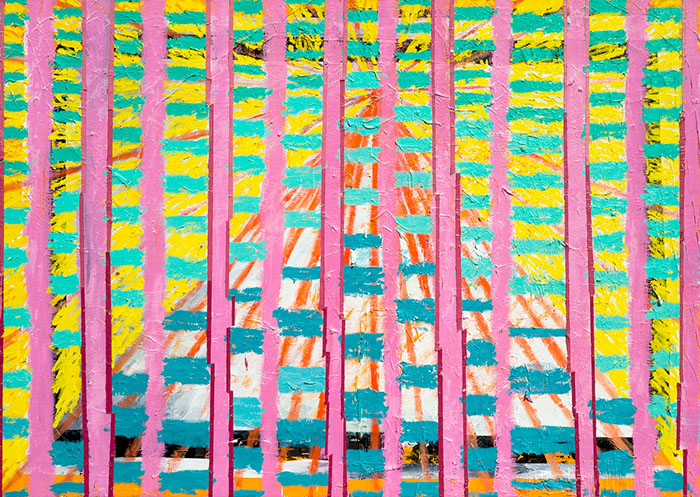 A painting where vertical magenta bars mask a receding pyramid shape that is blasting out red rays and a checkered yellow and sea foam pattern.