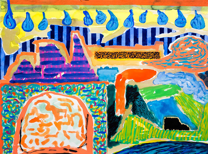 Gouache and watercolor painting on paper that uses contrasting patterns and vivid colors to make semi-abstract landscapes. 