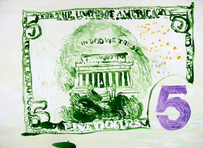 Multi run monoprint on paper that uses saturated yet washy colors to show a shoddy reproduction of a five dollar bill. 