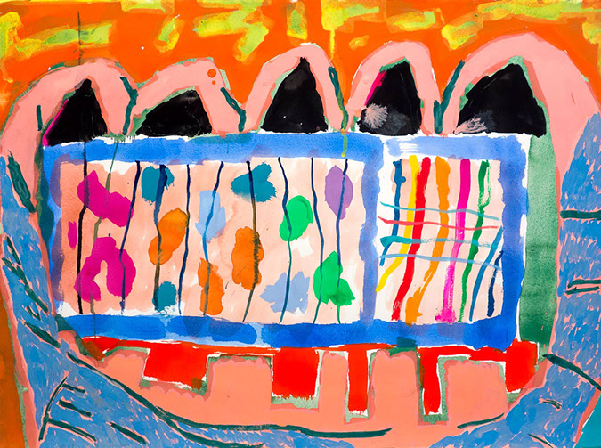 Gouache and watercolor painting on paper that uses contrasting patterns and vivid colors to make the palm of fortune teller hold an iphone.