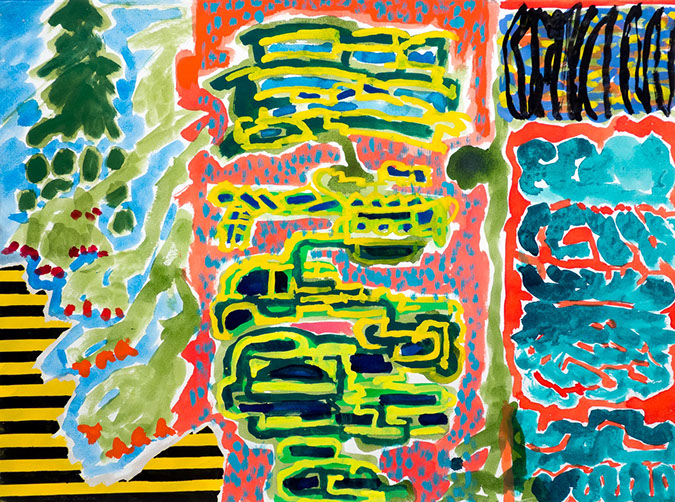 Gouache and watercolor painting on paper that uses contrasting patterns and vivid colors to make a beautiful garden. 