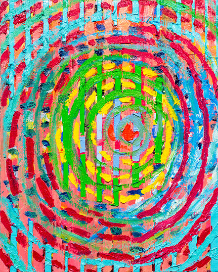 Concentric bright colored circles dominate this painting with vertical bars and cyan accents.