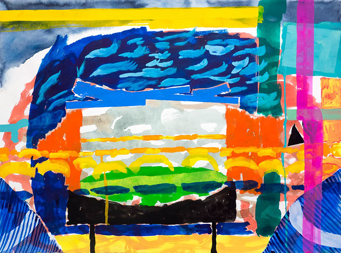 Gouache and watercolor painting on paper that uses contrasting patterns and vivid colors to make a stage-like space.