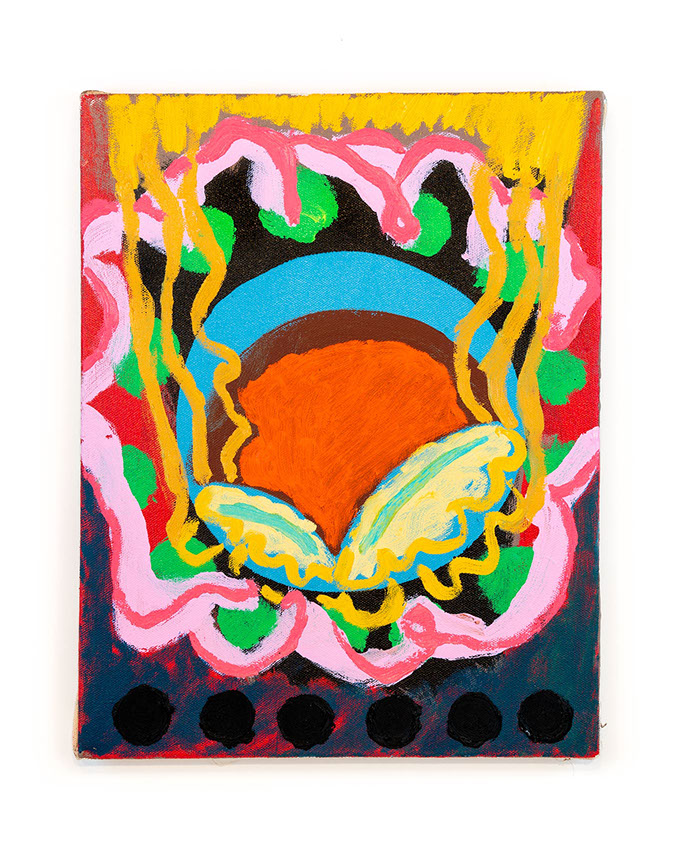 small oil painting with a red central orb at the middle of a blooming flower as yellow tendrils come upwards out of it towards a pink veil