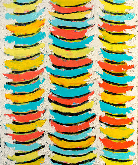 A curtain like pattern fills this painting with colors of cyan, red, and yellow, scalloping across the surface.