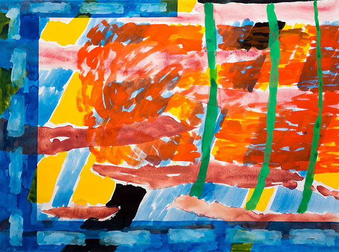 Gouache and watercolor painting on paper that uses contrasting patterns and vivid colors to make a syringe loaded with lethal drugs. 