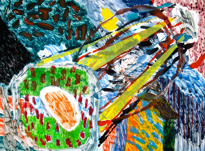 Multi run monoprint on paper that uses saturated yet washy colors to show a jumble of machinery and energy interacting in an interior space. 