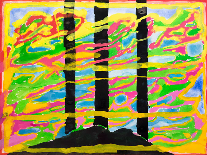 Gouache and watercolor painting on paper that uses contrasting patterns and vivid colors to make a cloudy landscape.
