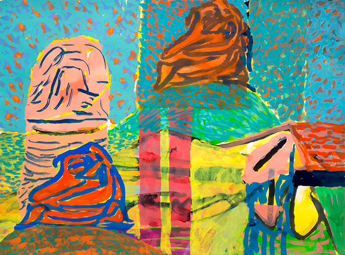 Gouache and watercolor painting on paper that uses contrasting patterns and vivid colors to make semi-abstract landscapes. 