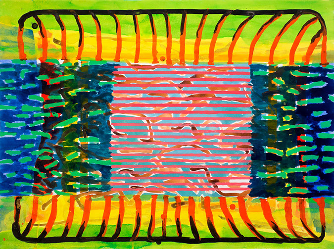 Gouache and watercolor painting on paper that uses contrasting patterns and vivid colors to depict the inside of a microwave oven.