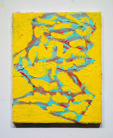 In this painting mustard falls through a 2D video game sieve.