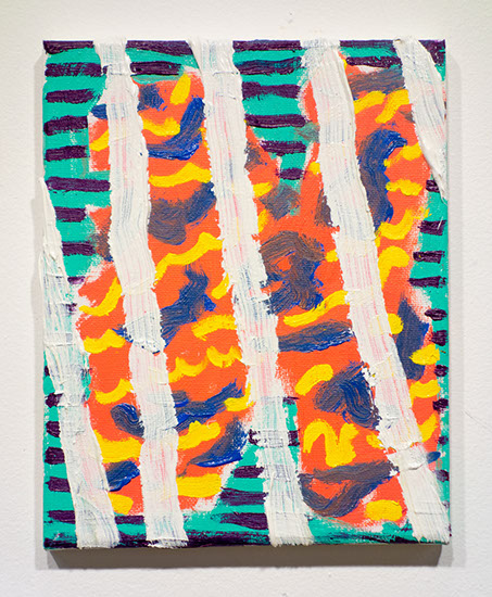 A painting of an N in jail by white lines but the n is having a great party in space to boot.