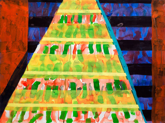 Gouache and watercolor painting on paper that uses contrasting patterns and vivid colors to make semi-abstract landscapes. 