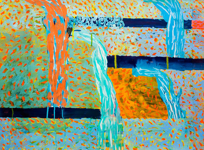 Gouache and watercolor painting on paper that uses contrasting patterns and vivid colors to make waterfall shapes falling in a void. 
