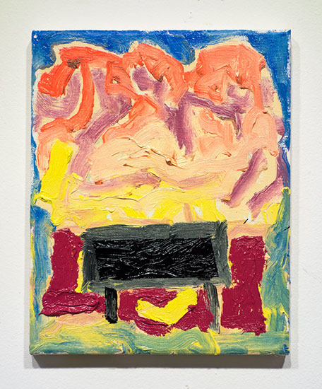 In this painting there's a small black portal that appears in the center of a picnic table at a camping ground in Texas set in the landscape.