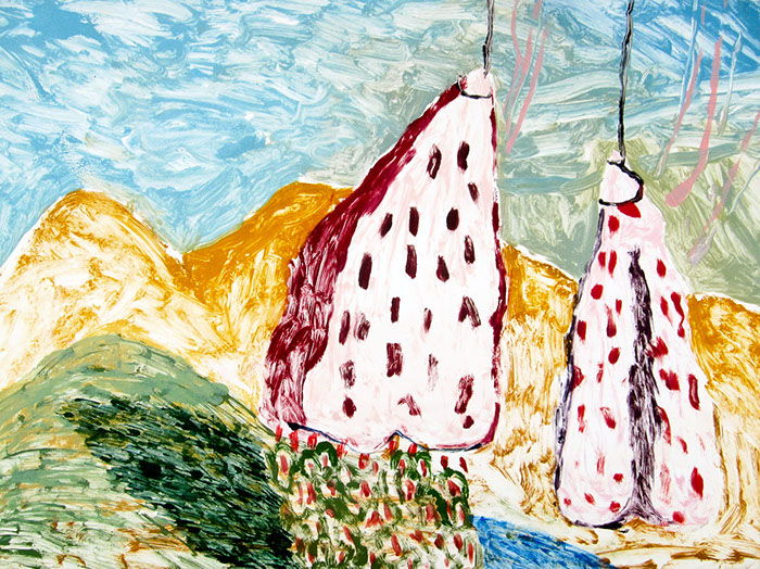 Multi run monoprint on paper that uses saturated yet washy colors to depict two chunks of meat curing in a Wyoming landscape. 