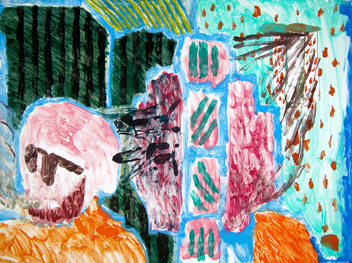 Multi run monoprint on paper that uses saturated yet washy colors to show a thinking man with sunglasses dream up geometric shapes and ideas. 