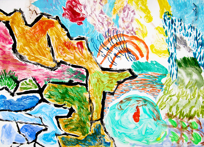 Multi run monoprint on paper that uses saturated yet washy colors to depict a playful, fanciful landscape with mountains and an estuary.