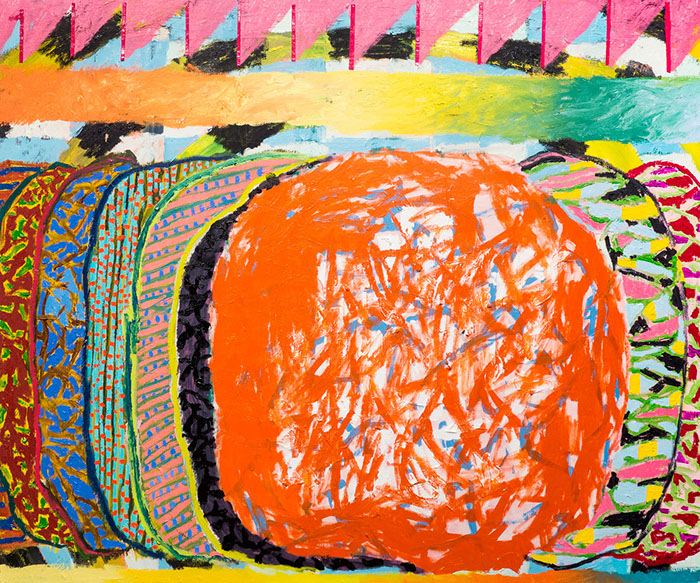 Painting of a big central red orb that orders the prgession of the past, present, and future within expanses of color gradient.