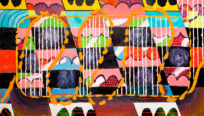 Abstract painting full of patterns, shapes, and lines that describes many of the qualities of Nardo.