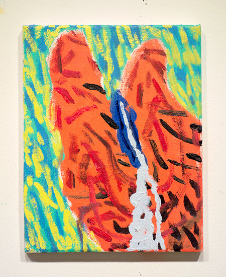 A big hand squeezes and essence out of a water football surrounded by a poisonous atmosphere in this painting. 