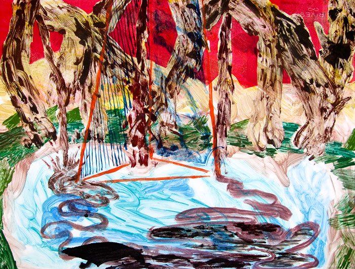 Multi run monoprint on paper that uses saturated yet washy colors to show a band of humanoids that are polluting a natural lake. 