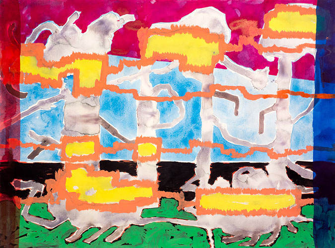 Gouache and watercolor painting on paper that uses contrasting patterns and vivid colors to make a crawling landscapoe of cloud sculptures. 