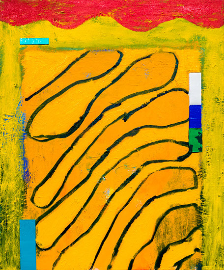 Swooping yellow forms in this painting explicate the banality of website design and there are big dumb colorful taped off buttons on the sides.